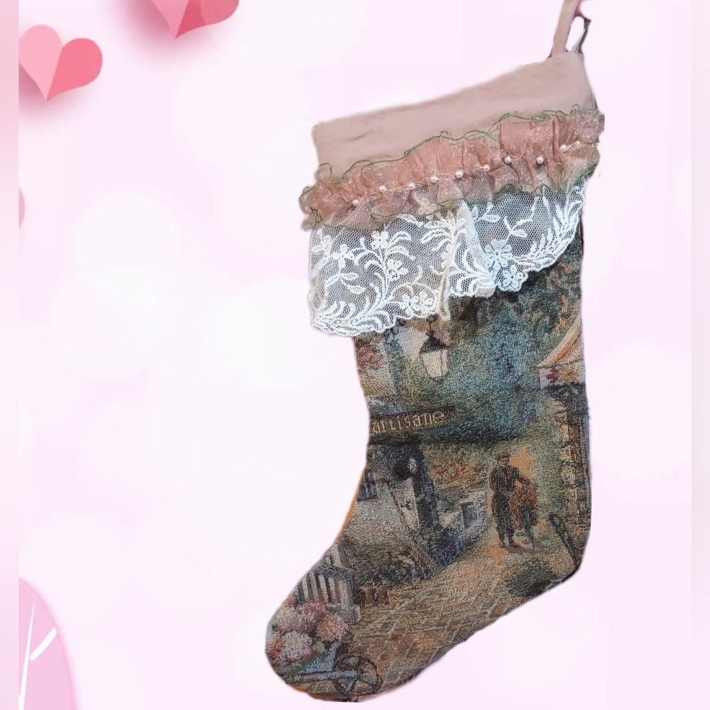French Victorian Tapestry Hanging Stocking - Picture 2 of 10
